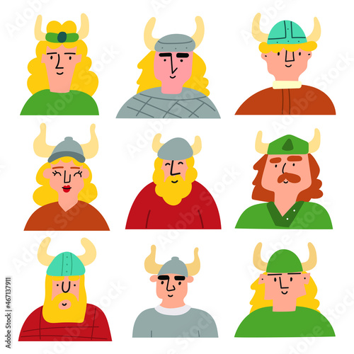 Collection of hand drawn icons. Vikings. Illustrations on white background. 