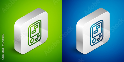 Isometric line Portable tetris electronic game icon isolated on green and blue background. Vintage style pocket brick game. Interactive playing device. Silver square button. Vector