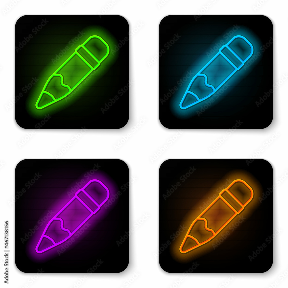 Glowing neon line Pencil with eraser icon isolated on white background. Drawing and educational tools. School office symbol. Black square button. Vector Glowing neon line Pencil with eraser icon isolated on white background. Drawing and educational tools. School office symbol. Black square button. Vector