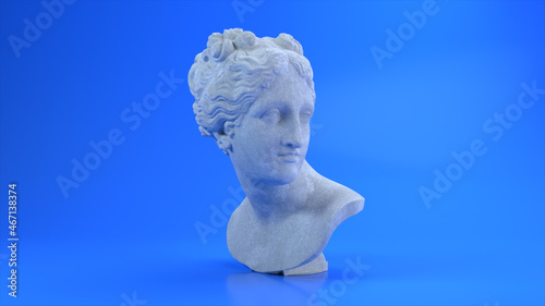Ancient Roman white marble rotating head of Venus on a blue background. 3d illustration