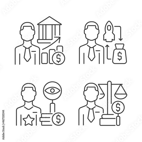 Finance investment jobs linear icons set. Stock market experts and analysts. Fund raising professionals. Customizable thin line contour symbols. Isolated vector outline illustrations. Editable stroke