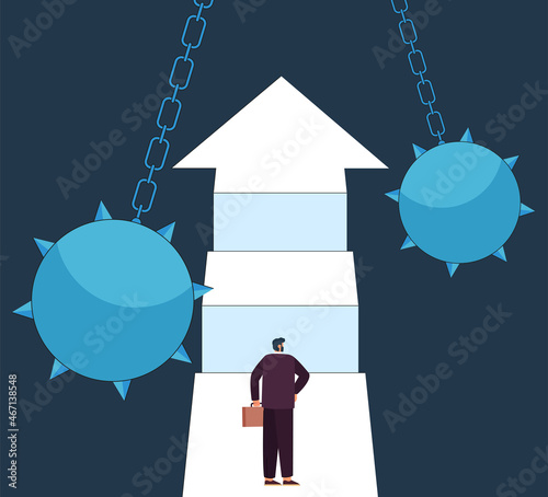 Fearless overcome of obstacles and barriers by businessman. Brave man standing on track to business success with courage and determination flat vector illustration. Ambition, career effort concept