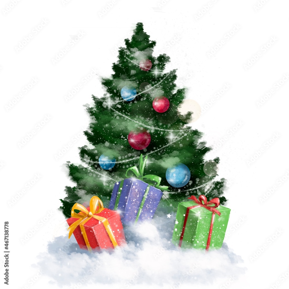 christmas tree with presents, watercolor style clipart, holiday illustration