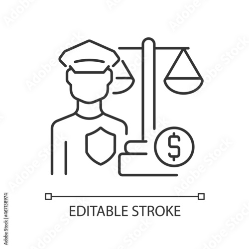 Financial guard linear icon. Specialist enforcing financial laws. Commercial sectors regulation. Thin line customizable illustration. Contour symbol. Vector isolated outline drawing. Editable stroke