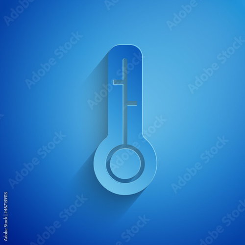 Paper cut Meteorology thermometer measuring icon isolated on blue background. Thermometer equipment showing hot or cold weather. Paper art style. Vector