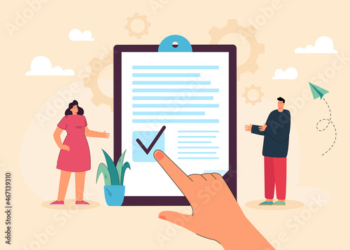 Control of legal principles and safety for tiny people. Man and woman standing near paper document with law assurance flat vector illustration. Privacy, data protection, company procedures concept