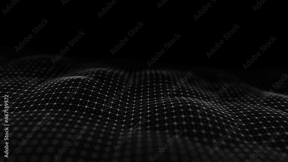 Futuristic digital wave. Dark cyberspace. Abstract wave with dots and line. White moving particles on background. 3d rendering.