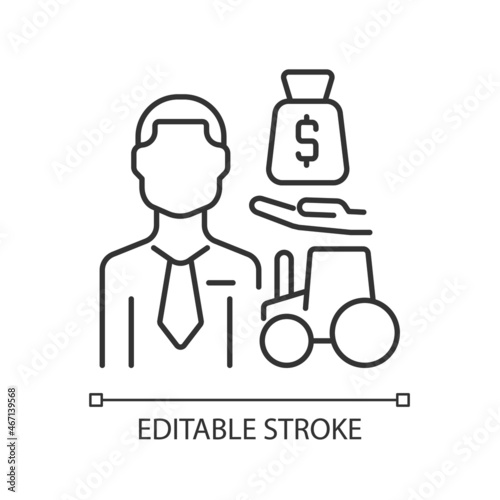 Agricultural lender linear icon. Agricultural loan officer. Expert helping farmers get credits. Thin line customizable illustration. Contour symbol. Vector isolated outline drawing. Editable stroke