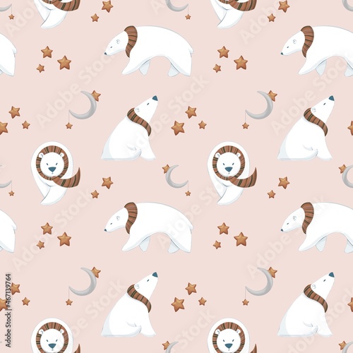 Abstract seamless pattern with bears and stars. Winter design for fabric, textile, wallpaper and packaging 