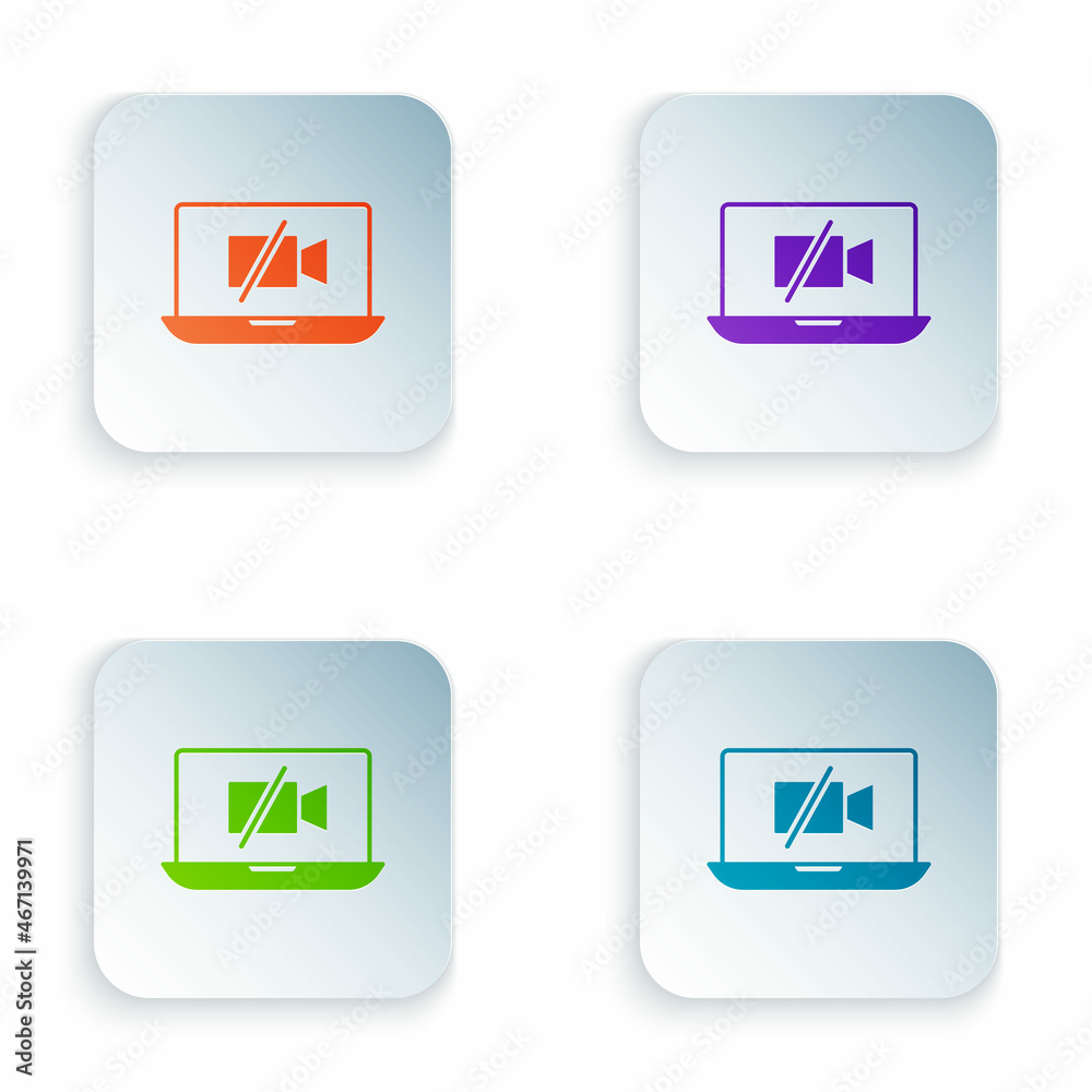 Color Video camera Off on laptop screen icon isolated on white background. No video. Set colorful icons in square buttons. Vector Color Video camera Off on laptop screen icon isolated on white background. No video. Set colorful icons in square buttons. Vector