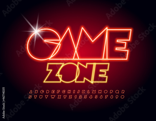 Vector bright banner Game Zone. Abstract electric Font. Neon Red Alphabet Letters and Numbers set