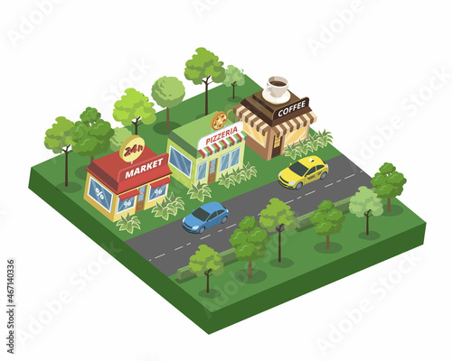 Pizzeria, market, coffee shop, city block streets and residents' transport concept.