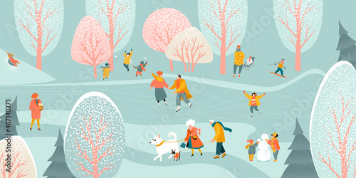 Vector illustration of winter activities with cute characters on the background of a winter landscape.