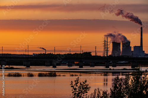 Thermal power plant under the setting sun