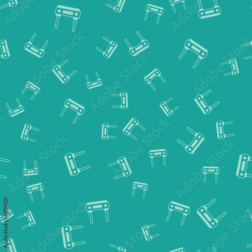 Green Router and wi-fi signal icon isolated seamless pattern on green background. Wireless ethernet modem router. Computer technology internet. Vector