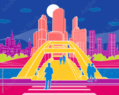 Colorful bright cityscape sketch. Pedestrian bridge over the river. Night modern city. Infrastructure town illustration. People walking at street. Vector design art