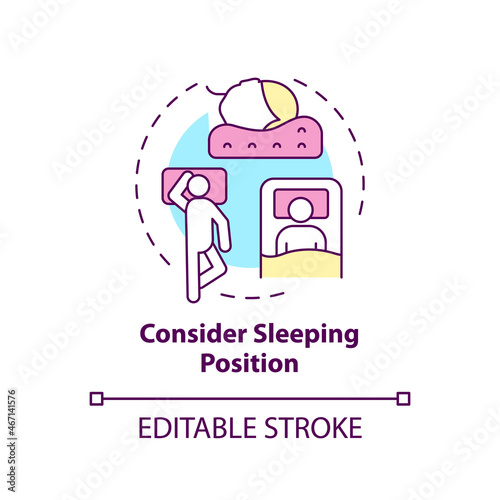 Consider sleeping position concept icon. Choosing mattress abstract idea thin line illustration. Sleepers pose. Spine health. Comfortable bed. Vector isolated outline color drawing. Editable stroke