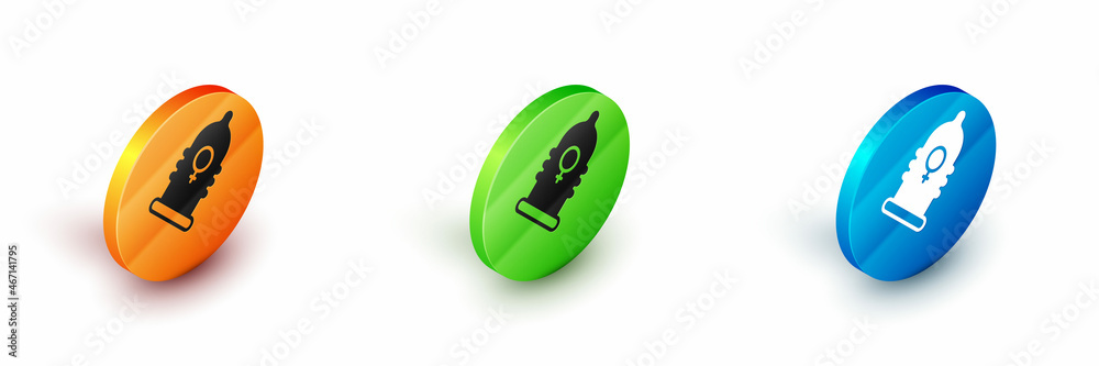 Isometric Condom safe sex icon isolated on white background. Safe love symbol. Contraceptive method for male. Circle button. Vector Isometric Condom safe sex icon isolated on white background. Safe love symbol. Contraceptive method for male. Circle button. Vector