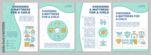 Choosing mattress for child mint brochure template. Baby health. Flyer, booklet, leaflet print, cover design with linear icons. Vector layouts for presentation, annual reports, advertisement pages