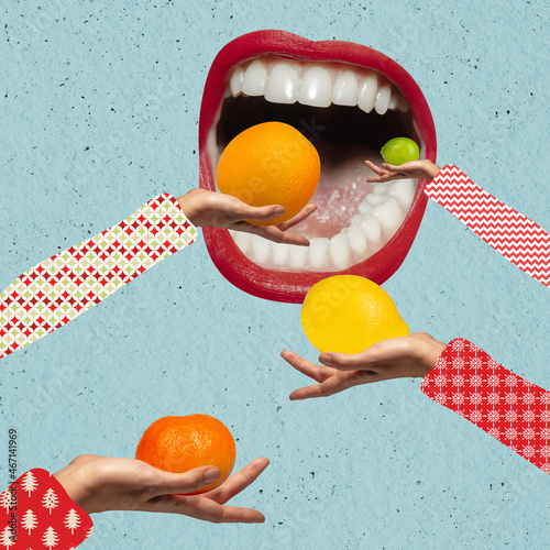 Human hands with oranges, lemons and open female mouth. Contemporary art collage photo