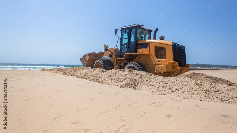 Beach Sand Landscaping Industrial Tipper Bulldozer Vehicle Blue Oceans.