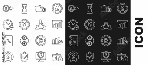 Set line Closed wallet with lock, schedule, chart, diagram, infographic, pie graph, board, Wallet coins, Coin money Yen symbol, Clock 24 hours, pound sterling and Project team base icon. Vector