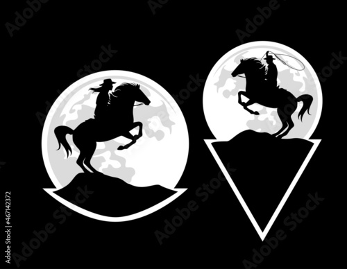 cowgirl and cowboy rider riding rearing up horse and throwing lasso - wild west ranger black and white vector silhouette sticker design set