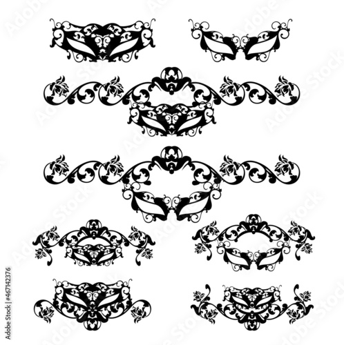 black and white vector design set of elegant calligraphic decorative elements with rose flowers and carnival masks