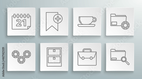 Set line Gear, Bookmark, Archive papers drawer, Briefcase, Search concept with folder, Coffee cup flat, Folder settings gears and Calendar icon. Vector
