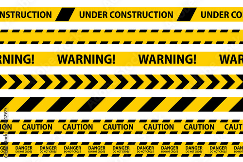 Danger, caution and warning seamless tapes. Black and yellow police stripe border. Crime vector illustration.