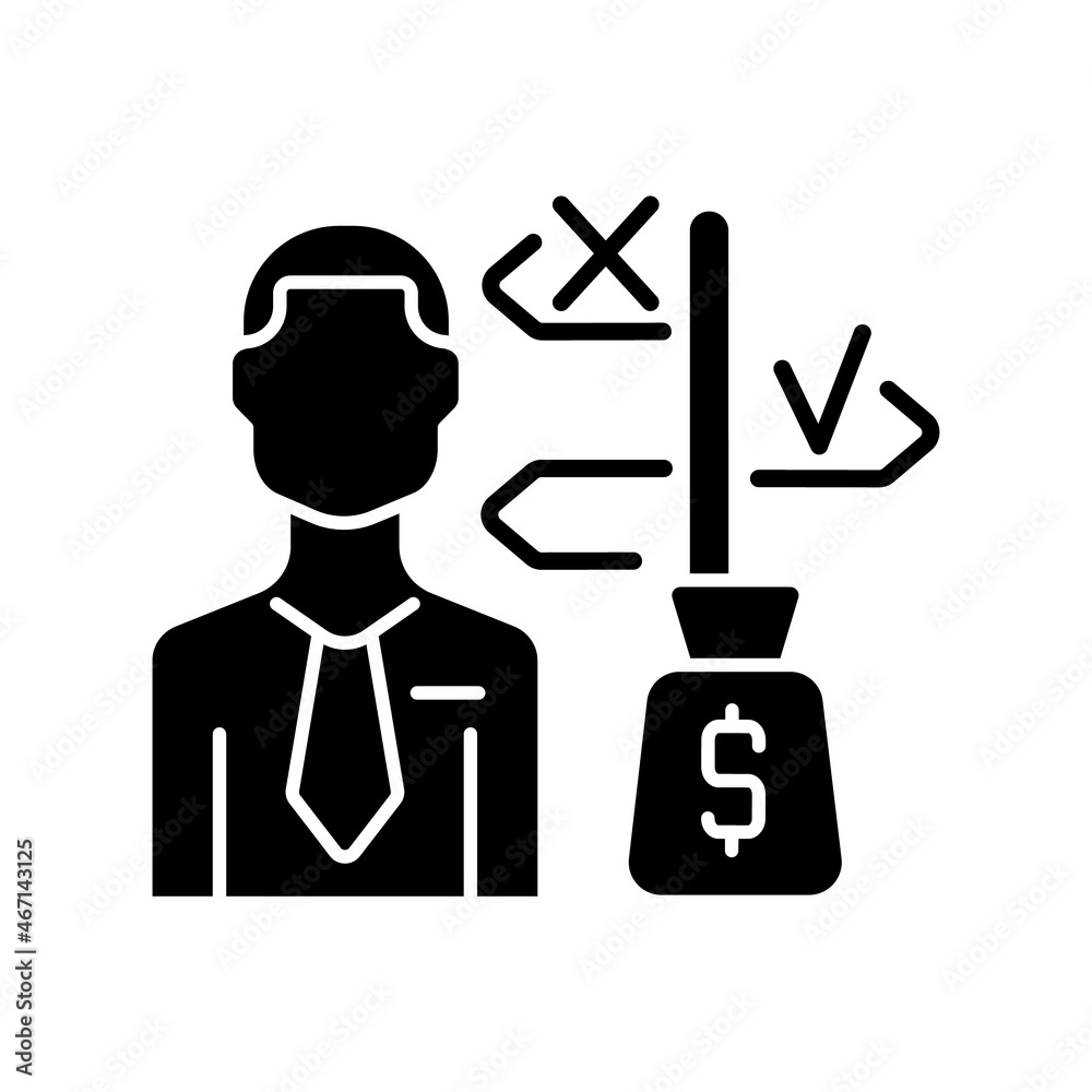Asset manager black glyph icon. Specialist making investment decisions for client. Stock market operationg expert. Financial advisor. Silhouette symbol on white space. Vector isolated illustration Asset manager black glyph icon. Specialist making investment decisions for client. Stock market operationg expert. Financial advisor. Silhouette symbol on white space. Vector isolated illustration