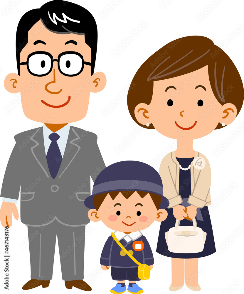 幼稚園入園式の男子児童と両親
