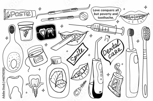 Dental Care Kit. Doodle style vector. Toothbrushes, brushes, dental floss, and cleansing tablets for teeth. Teeth irrigator. Smile with braces and lips with a toothbrush. Toothpaste and mouthwash.