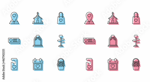 Set line Please do not disturb with heart, Calendar, Map pointer, Flowers basket, Wedding arch, Signpost, Ticket and Church building icon. Vector