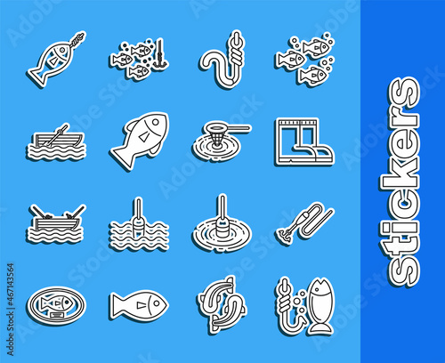 Set line Fishing, line with hook and float, boots, worm, boat oars on water, and net icon. Vector