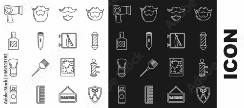 Set line Scissors hairdresser and shield, Classic Barber shop pole, Mustache beard, Electrical clipper shaver, Aftershave, Hair dryer and Barbershop with razor icon. Vector