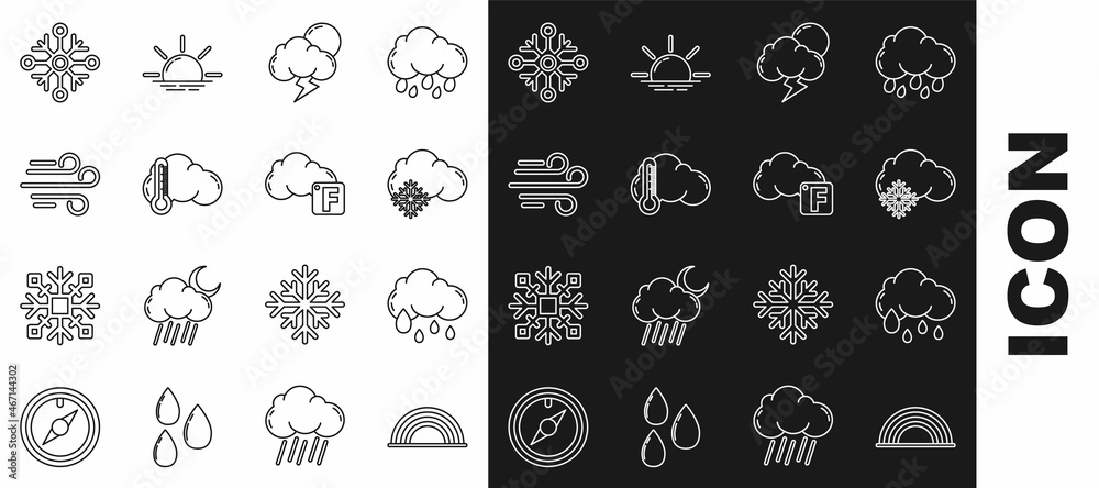 Set line Rainbow with clouds, Cloud rain, snow, Storm, Thermometer and, Wind, Snowflake and Fahrenheit icon. Vector Set line Rainbow with clouds, Cloud rain, snow, Storm, Thermometer and, Wind, Snowflake and Fahrenheit icon. Vector