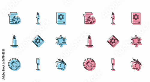 Set line Jewish coin, goblet, Olives branch, Star of David, Burning candle candlestick and icon. Vector