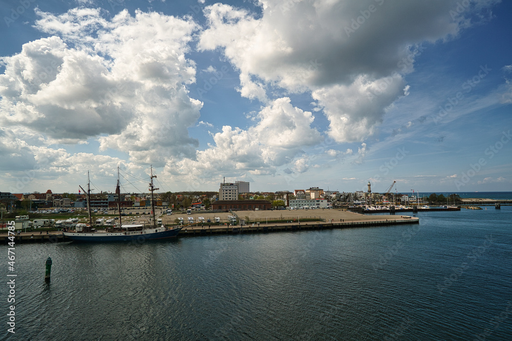 Rostock harbor exit. view over warnemünde, the beach and the lighthouse