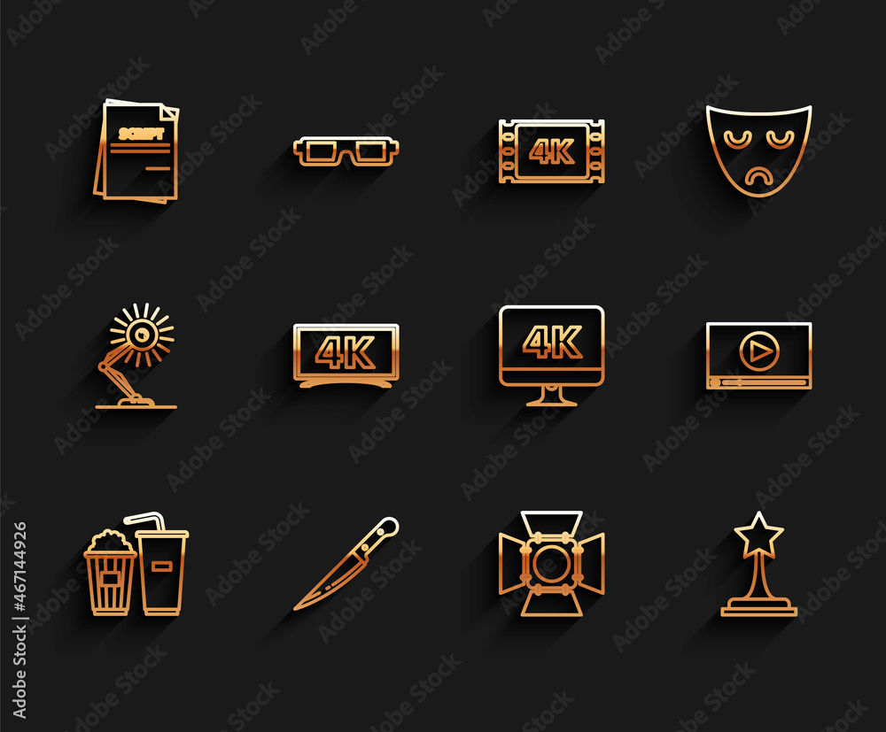 Set line Popcorn and soda drink glass, Knife, Scenario, Movie spotlight, trophy, Online play video and Computer PC monitor with 4k technology icon. Vector