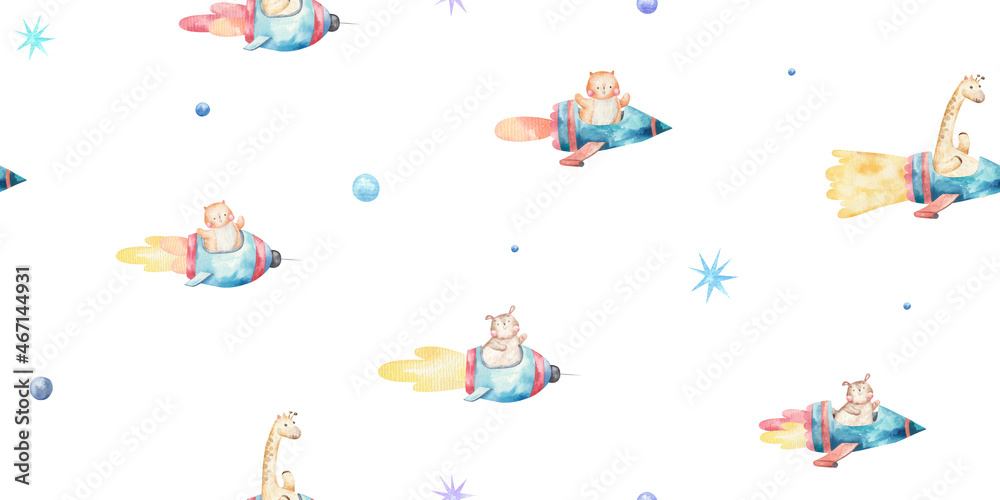 seamless pattern with cat, dog and giraffe on rockets fly into space, cute watercolor childrens illustration