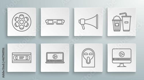 Set line VHS video cassette tape, 3D cinema glasses, Online play, Funny and scary ghost mask, Megaphone, Popcorn soda drink and Film reel icon. Vector