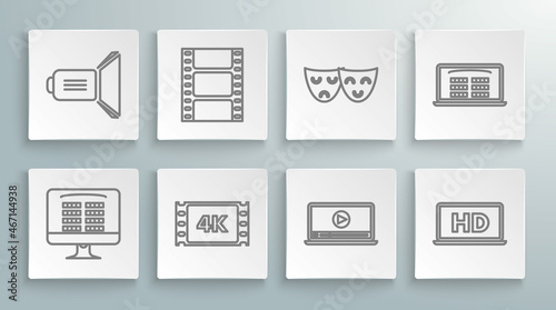 Set line Buy cinema ticket online, Play Video, 4k movie, tape, frame, Online play video, Laptop screen with HD technology, Comedy and tragedy theatrical masks, and Movie spotlight icon. Vector