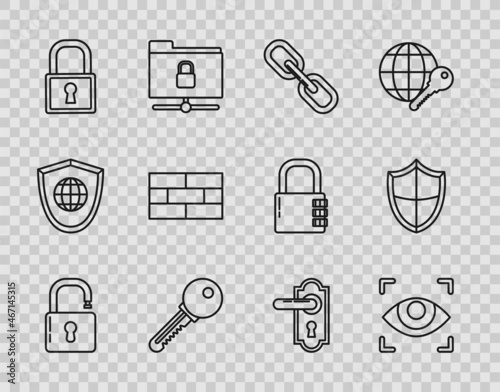 Set line Open padlock, Eye scan, Chain link, Key, Lock, Bricks, Door handle and Shield icon. Vector