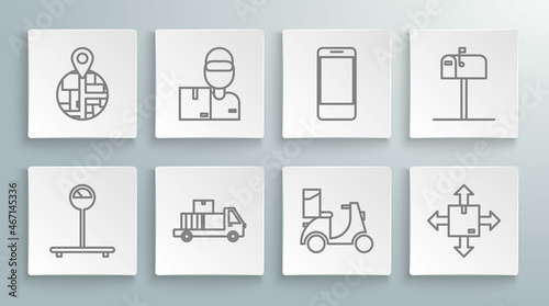 Set line Scale  Delivery man with cardboard boxes  truck  Scooter delivery  Cardboard traffic symbol  Mobile phone app tracking  Open mail and icon. Vector