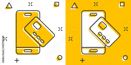 Smartphone paying icon in comic style. Nfc credit card cartoon vector illustration on white isolated background. Banking splash effect business concept.