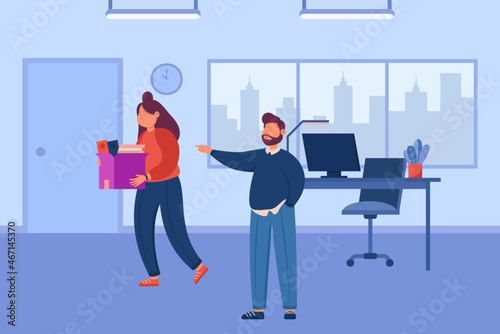 Fired sad employee leaving office place and carrying box with work things. Angry businessman dismissing unhappy worker flat vector illustration. Unemployment, layoff, job reduction concept