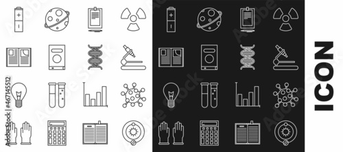 Set line Solar system, Bacteria, Microscope, Clipboard with document, Book, Open book, Battery and DNA symbol icon. Vector