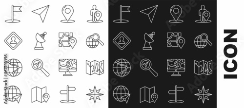 Set line Wind rose, Folded map with location marker, Magnifying glass globe, Map pin, Radar, Road traffic sign, Flag and icon. Vector