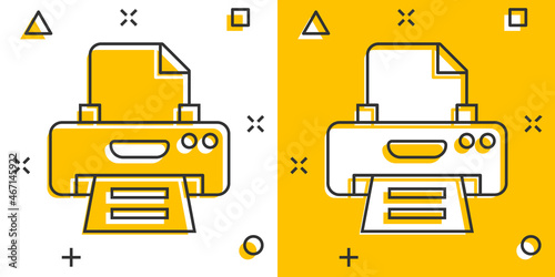 Office printer icon in comic style. Fax cartoon vector illustration on white isolated background. Text printout splash effect business concept.